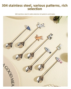 Detailed view of polished 304 stainless steel coffee spoons with cute cat and fish handles