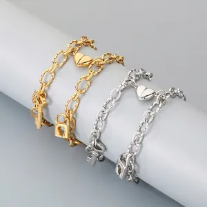 Stainless Steel Chain Bracelets With Magnetic Heart Clasp Lock And Key Charms For Couples Minimalist Jewelry Gift