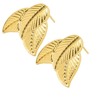 Close-up of golden leaf stud earrings with detailed leaf veins and polished finish