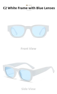 Détail de lunettes de soleil carrées rétro blanches avec verres bleus de face et de profil
