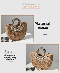 Detail view of woven raffia shell handbag featuring black and white striped top handles