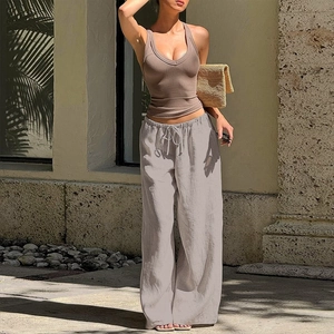 Pantaloni Donna Vita Alta Gamba Larga Trama Lino Casual Taglio Dritto Con Coulisse Tinta Unita Moda