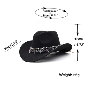 Chapeau de cowboy en feutre de laine noir avec ruban ethnique et dimensions affichées
