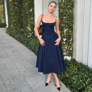 Women Sexy Corset Bustier Midi Dress Backless Spaghetti Straps Slimming Swing A-Line Solid Color Summer