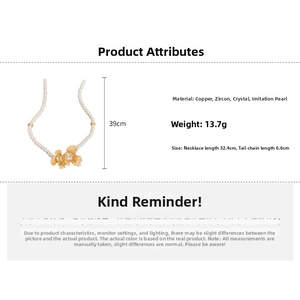 Detailed spec view of flower necklace with crystal zircon and pearls in 39cm length