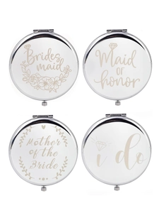 Detail of four metal wedding mirrors with Bridesmaid and Mother of the Bride engravings