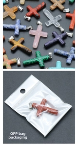 Detailed view of assorted natural stone cross pendants with silver metal bails in OPP bags