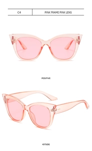 Front and 45-degree side views of cat eye sunglasses in transparent pink frame and lenses