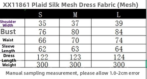Detailed size chart showing measurements for the plaid mesh long sleeve maxi dress