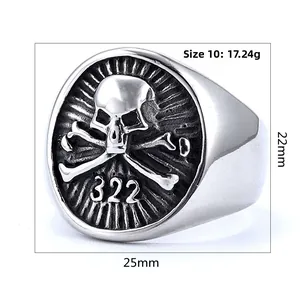Detailed view of skull ring showing 25mm width and 22mm height dimensions
