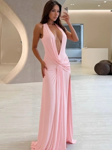 Pink halter neck maxi dress with deep V-neck and ruched details for summer fashion