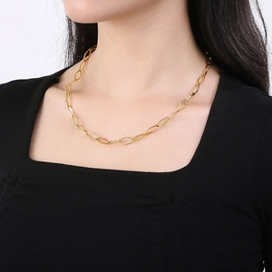 Detail of a minimalist gold geometric rectangle link necklace worn by a model