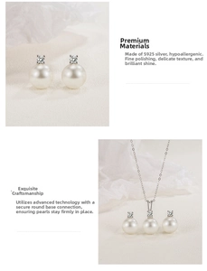 Close-up of S925 silver pearl jewelry set featuring round shell pearls and zircon accents