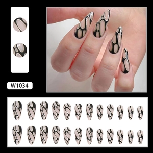 Black and nude stiletto false nails with golden line bubble design, 24pcs W1034 set