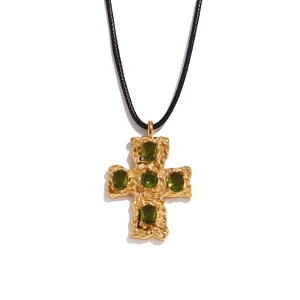 Retro 18K gold plated hammered cross necklace with green gems and black cord