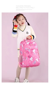 Pink girls backpack featuring heart and rabbit prints with multiple zipper compartments
