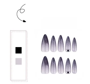 Close-up of black purple gradient press-on nails with silver glitter and rhinestone accents