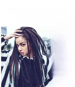 Deep brown dreadlock extensions with stylish turquoise highlights on a female model