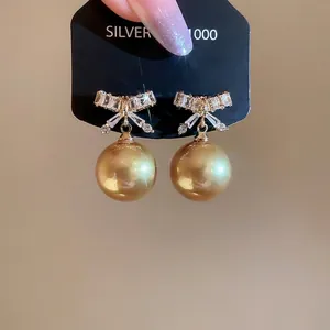 Bowknot Dangle Earrings Alloy Cubic Zirconia Gold Champagne Faux Artificial Pearl With 925 Sterling Silver Earring Post Elegant Woman