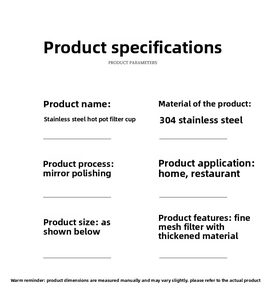 Detailed specs of 304 stainless steel hot pot strainer with fine mesh and mirror polish
