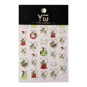 5D Embossed Christmas nail art stickers featuring wreaths, bells and trees on white background