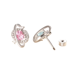 Orecchini a pianeta cuore in argento con gemme rosa e zirconi in stile vintage