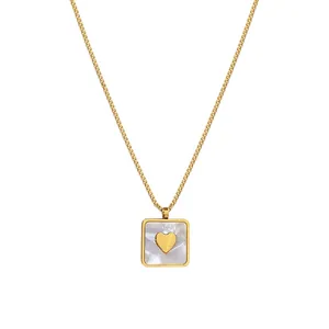 Simple golden titanium steel choker with square shell pendant and gold heart motif