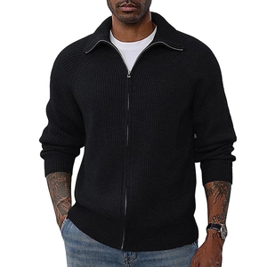 Men's black zip-up knit cardigan with polo collar and ribbed texture on white background