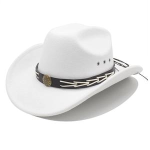 Cappello da cowboy bianco in feltro di lana con fascia in pelle marrone e fibbia floreale