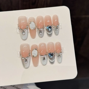 Handmade Press On Nails Cat Eye Blue Heart Rhinestone Silver Bow Pink Gradient Sweet Cool Style False Nails For Women