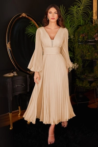 Elegant champagne V-neck pleated maxi dress with sheer lantern sleeves in vintage studio