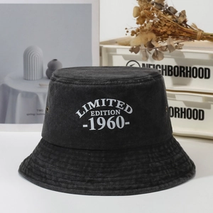 Vintage dark gray washed denim bucket hat with white 1960 embroidery and side eyelets