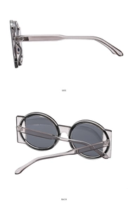 Side and back view of trendy transparent gray round frame sunglasses for men and women