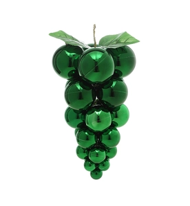 Detail of green grape shaped Christmas ornament with metallic spheres and leaf accent