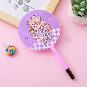 Cute purple fan-shaped ballpoint pen featuring a cartoon girl illustration with pink barrel