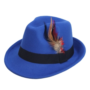 Cappello Fedora in feltro di lana blu reale con nastro nero e piuma colorata decorativa