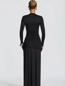 Elegant black long-sleeve backless maxi dress with flattering ruched details on the back