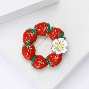 Sweet enamel strawberry wreath brooch with red berries and white flower on gold base
