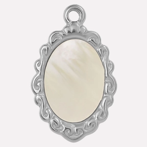 Detail of oval white mother-of-pearl pendant with silver stainless steel wavy border