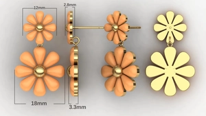 Technical dimensions of 18k gold daisy earrings with peach flower enamel details