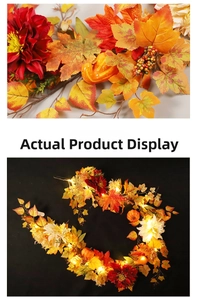 Detail of autumn maple leaf garland with mini pumpkins, flowers and warm LED lights