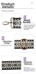 Close-up of geometric black and white polyester strap with gold hardware and adjustment buckle