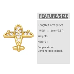 Detailed size chart for a gold-plated copper airplane stud earring with zircon stones