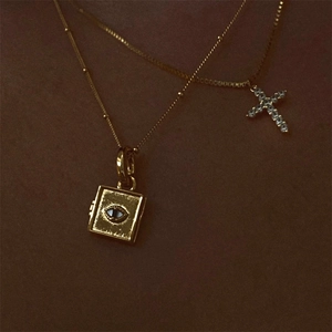 Minimalist gold box chain necklace with eye pendant and crystal zircon cross
