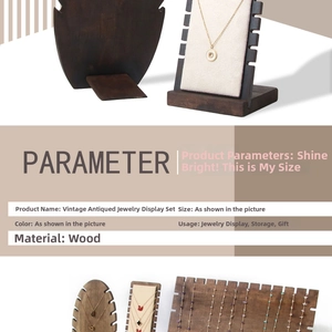 Macro view of vintage dark walnut wooden jewelry display set for necklaces and earrings