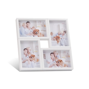 Detailed view of white 4-opening collage frame for family photos in square layout