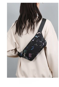 Fashionable Oxford cloth waist bag for women featuring colorful graffiti lettering detail