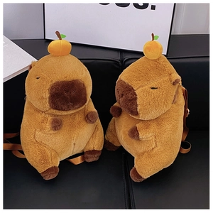 Detail of Capybara plush backpack showing soft fur texture and orange head accessory