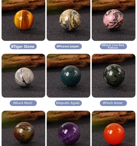 Detailed close-up of 20mm round polished gemstones including Tiger's Eye and Rhodonite