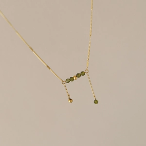 Titanium Steel Gold Plated Necklace For Women Olive Green Glass Beads Double Tassel Dangle Minimalist Elegant Jewelry
